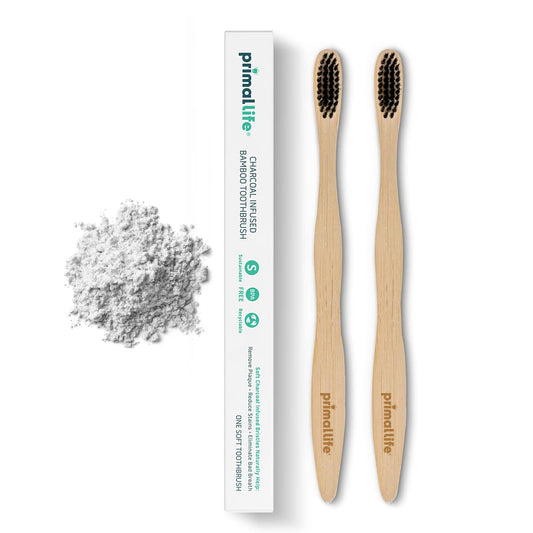 Primal Life Organics - Charcoal Toothbrush Made with Charcoal & Bamboo Biodegradable BPA-Free Perfect for Kids & Adults Recyclable Gently Massages Gums & Teeth Zero Waste Toothbrush (2-Pack)