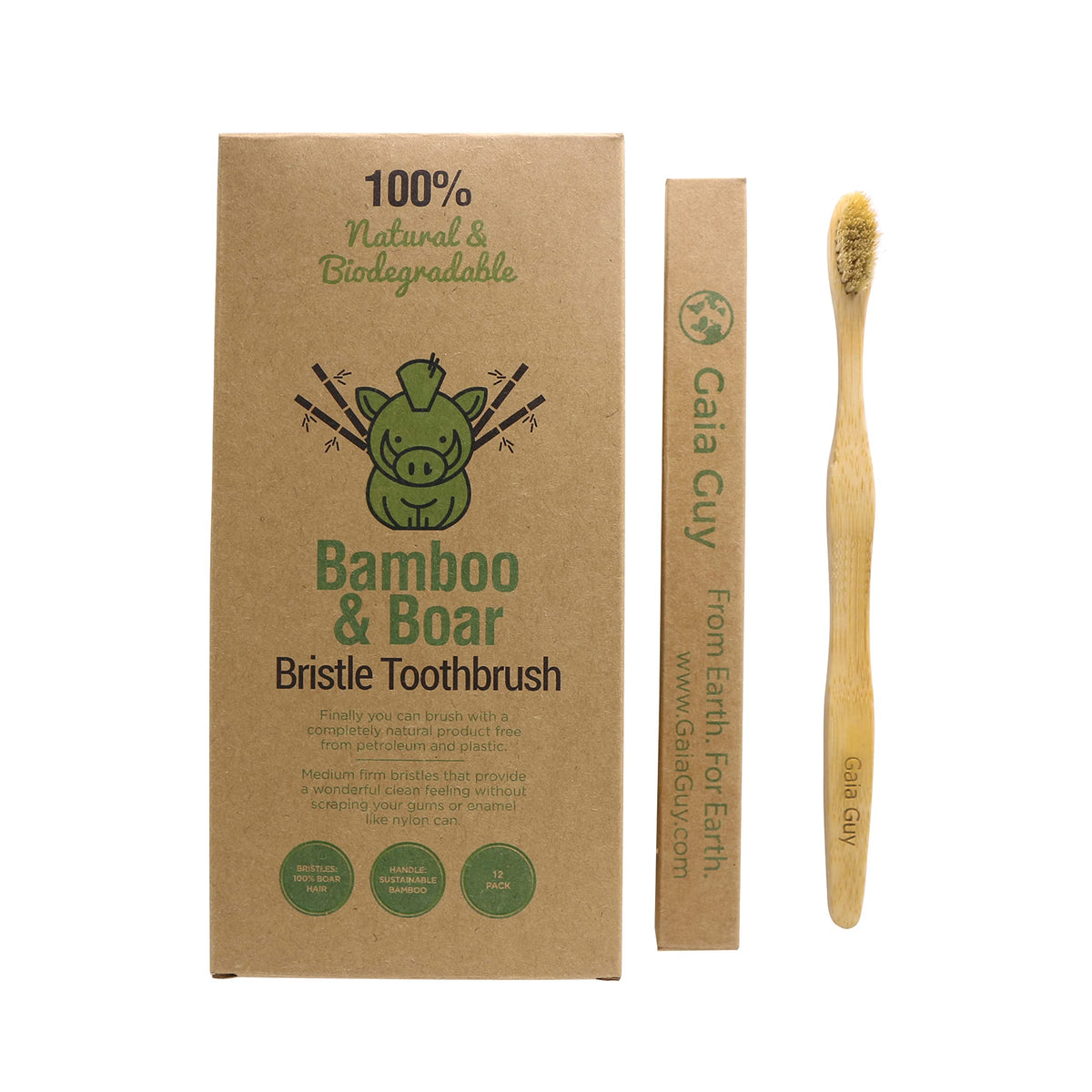 Gaia Guy Natural Bristle Bamboo Toothbrush with Boar Bristles